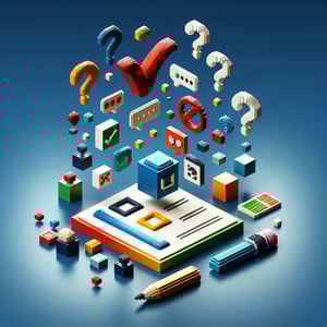 3D voxel art depicting online graphic design surveys on a dark blue background.