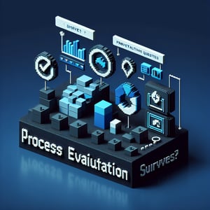 3D voxel art depicting online process evaluation surveys on a dark blue background.