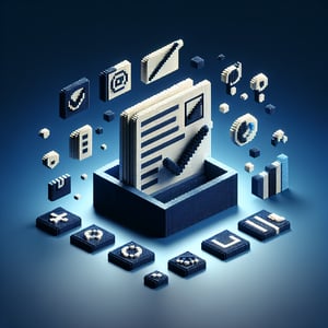 3D voxel art depicting online surveys, ideal for legislative and administrative offices, on a dark blue background.