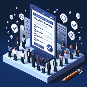 3D voxel art depicting online masculinity survey, with dark blue background.