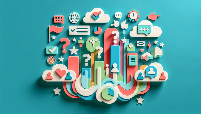 Paper-cut style illustration featuring whimsical icons and text highlighting fun poll questions for work engagement.