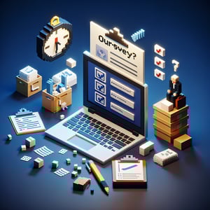 3D voxel art depicting online job stress surveys against a dark blue background.