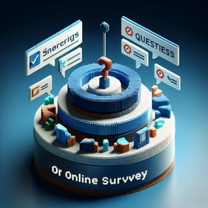 3D voxel art depicting online matrix surveys on a dark blue background.