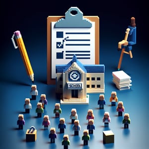 3D voxel art depicting online surveys, symbolizing parent school satisfaction surveys on a dark blue background.
