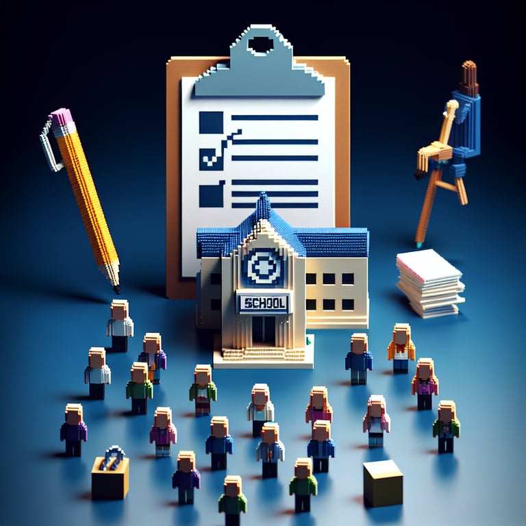 3D voxel art depicting online surveys, symbolizing parent school satisfaction surveys on a dark blue background.