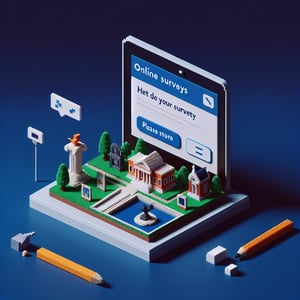3D voxel art depicting online museum survey concept on a dark blue background.