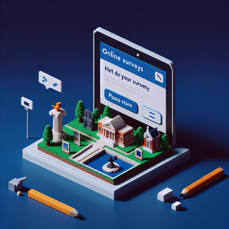 3D voxel art depicting online museum survey concept on a dark blue background.