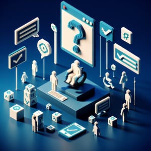 3D voxel art depicting online disability survey concept on a dark blue background.