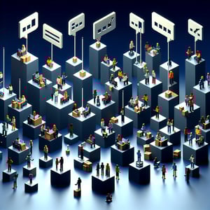 3D voxel art depicting the concept of online employee NPS surveys on a dark blue background.