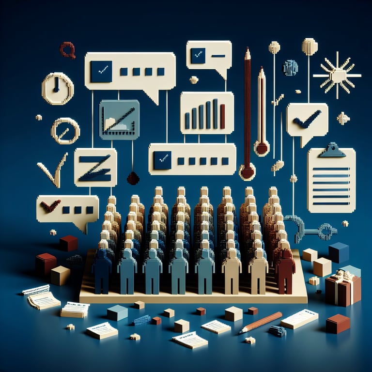 3D voxel art depicting an online anonymous employee survey, set against a dark blue background.