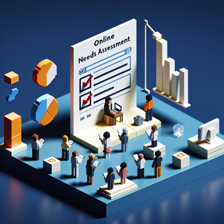 3D voxel art depicting online surveys and questions on a dark blue background.