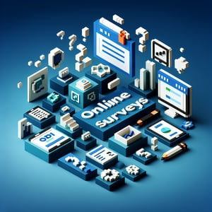 3D voxel art depicting online marketing surveys against a dark blue background.