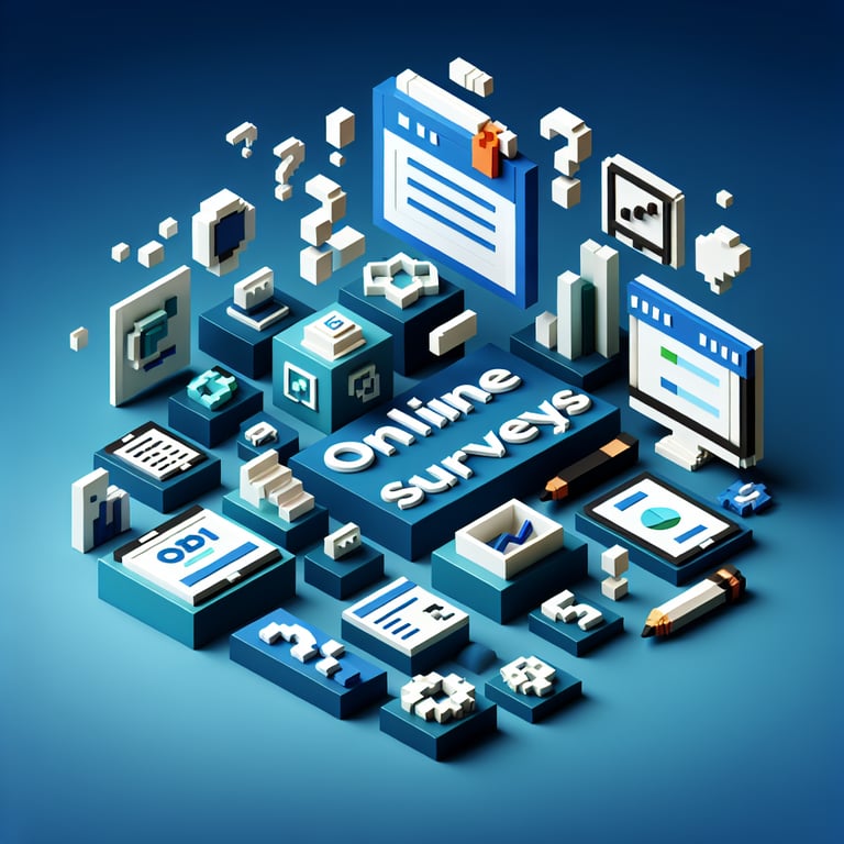 3D voxel art depicting online marketing surveys against a dark blue background.
