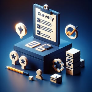 3D voxel art depicting online survey process for organizational health index, with a dark blue background.