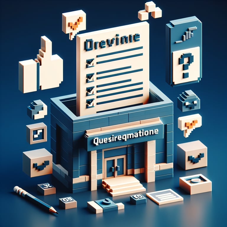 3D voxel art depicting the concept of online internal customer service surveys on a dark blue background.