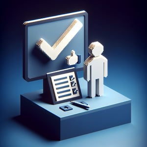 3D voxel art depicting online satisfaction survey process on a dark blue background.