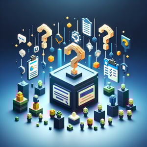 3D voxel art depicting the concept of engaging online surveys on a dark blue background.