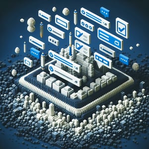 3D voxel art depicting online surveys on a dark blue background, symbolizing course design surveys.