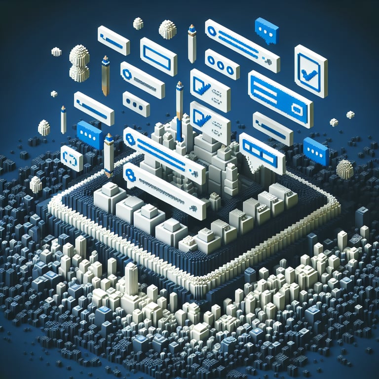 3D voxel art depicting online surveys on a dark blue background, symbolizing course design surveys.