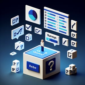 3D voxel art depicting online customer surveys, with a dark blue background.