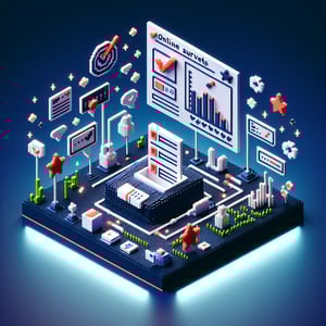 3D voxel art displaying online surveys symbolizing feedback survey questions on a dark blue background.