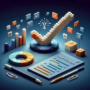 3D voxel art depicting online age surveys, with engaging elements on a dark blue background.