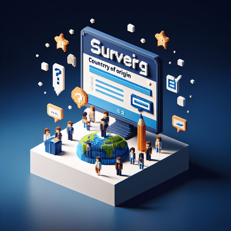3D voxel art illustrating online surveys, with a focus on country of origin questions, on a dark blue background.