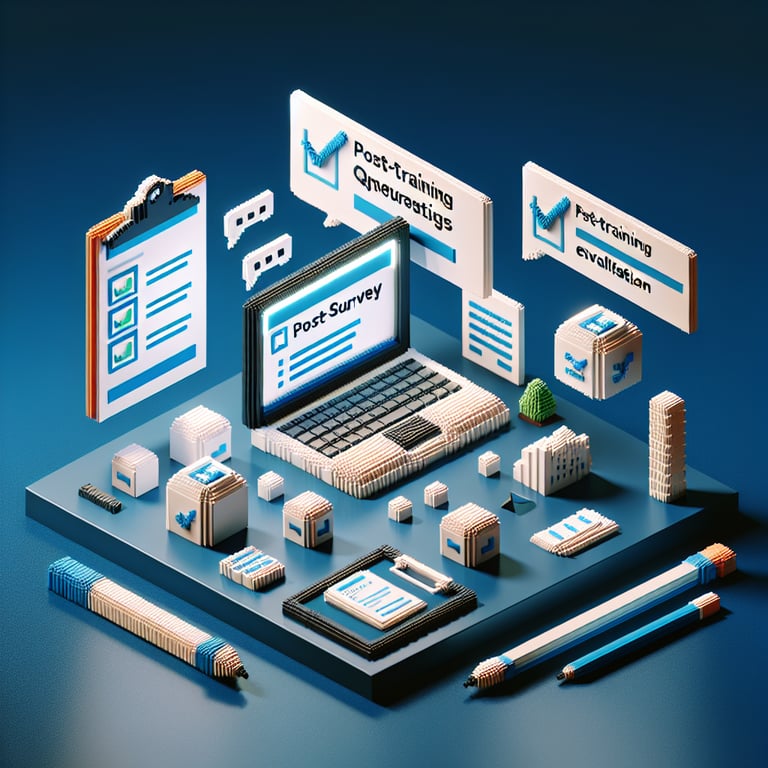 3D voxel art illustrating the concept of post-training online surveys on a dark blue background.