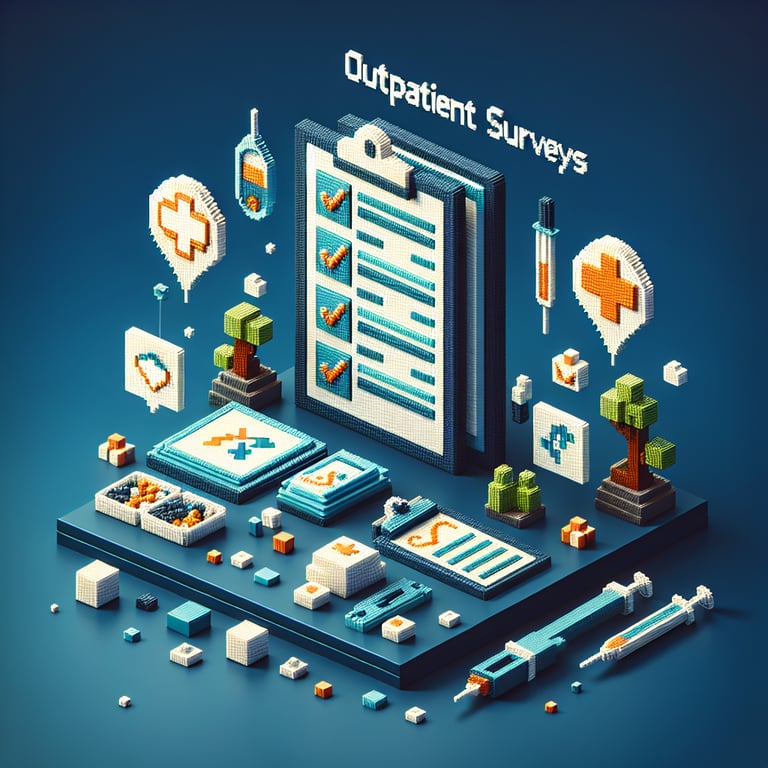 3D voxel art depicting online surveys, with dark blue background, suitable for cahps outpatient surveys.