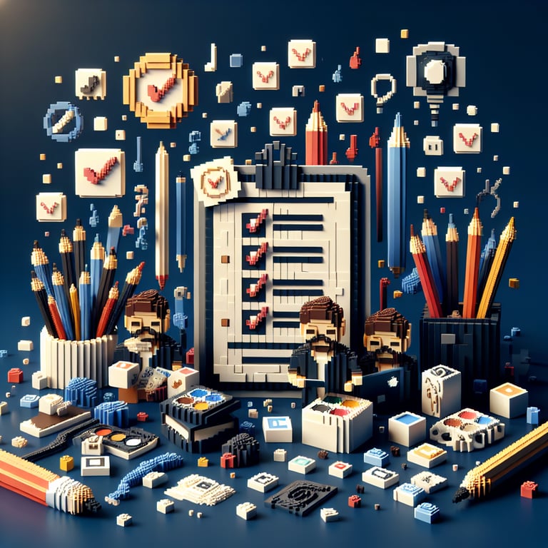 3D voxel art depicting online art class surveys on a dark blue background.