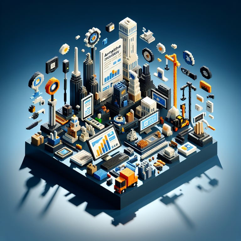 3D voxel art depicting online architecture surveys on a dark blue background.
