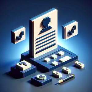 3D voxel art depicting online survey concept on a dark blue background, related to sexual harassment.