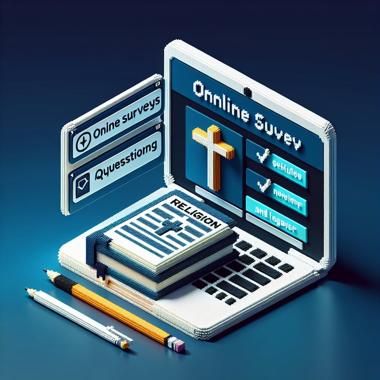3D voxel art depicting the concept of online 'Are you religious?' surveys on a dark blue background.