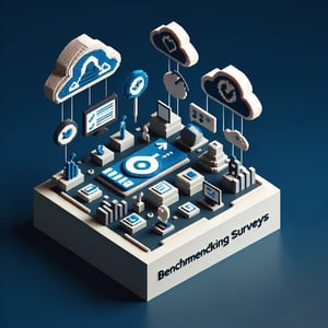 3D voxel art depicting online benchmarking surveys on a dark blue background.