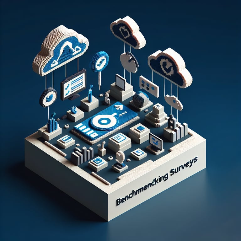 3D voxel art depicting online benchmarking surveys on a dark blue background.