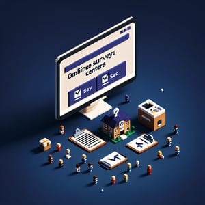 3D voxel art depicting online surveys concept, ideal for a day care center survey landing page, on a dark blue background.