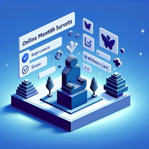 3D voxel art depicting the concept of online mental health survey questions on a dark blue background.