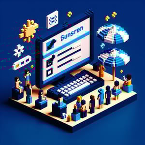 3D voxel art depicting online sunscreen use survey, with dark blue background.