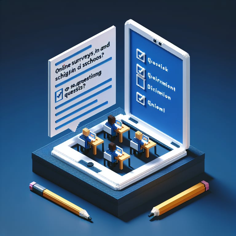 3D voxel art depicting online surveys on school discrimination against a dark blue background.