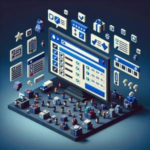 3D voxel art depicting the concept of online product purchasing surveys on a dark blue background.