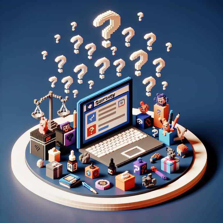 3D voxel art depicting online tattoo survey concept on a dark blue background.