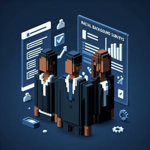 3D voxel art depicting the concept of online racial background surveys on a dark blue background.
