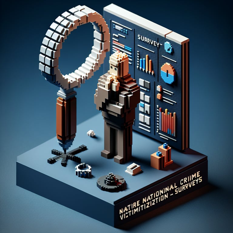 3D voxel art depicting online survey process, themed around national crime victimization.
