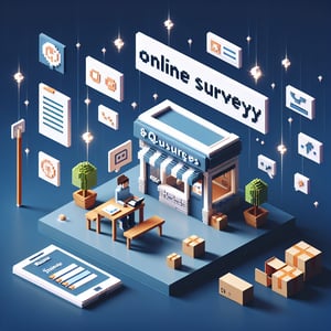 3D voxel art representing online surveys on a dark blue background, conveying the concept of best website surveys.