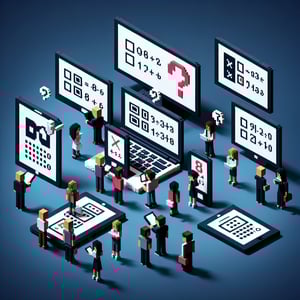 3D voxel art depicting online math surveys for students on a dark blue background.