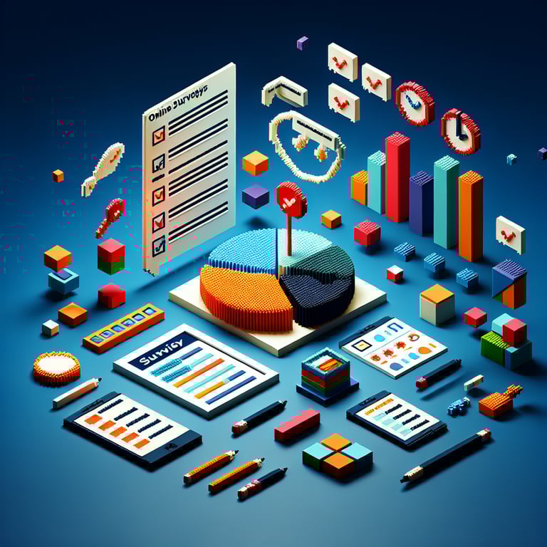 3D voxel art depicting the concept of online brand affinity surveys on a dark blue background.