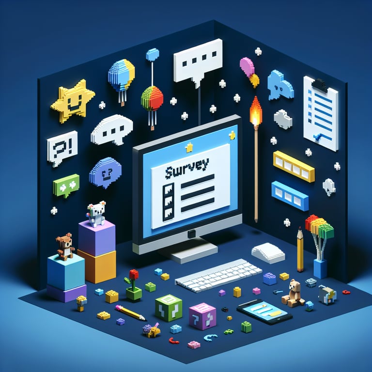Artistic 3D voxel visualizing an engaging kids' questionnaire with colorful voxels