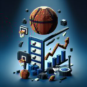 3D voxel art depicting online surveys related to basketball camp on a dark blue background.