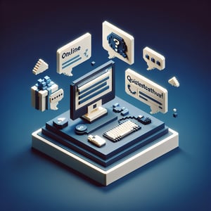 3D voxel art of online survey elements on a dark blue background, representing booking tool surveys.