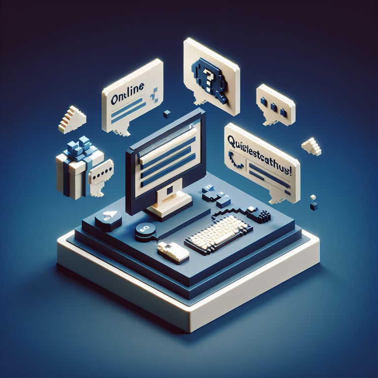 3D voxel art of online survey elements on a dark blue background, representing booking tool surveys.